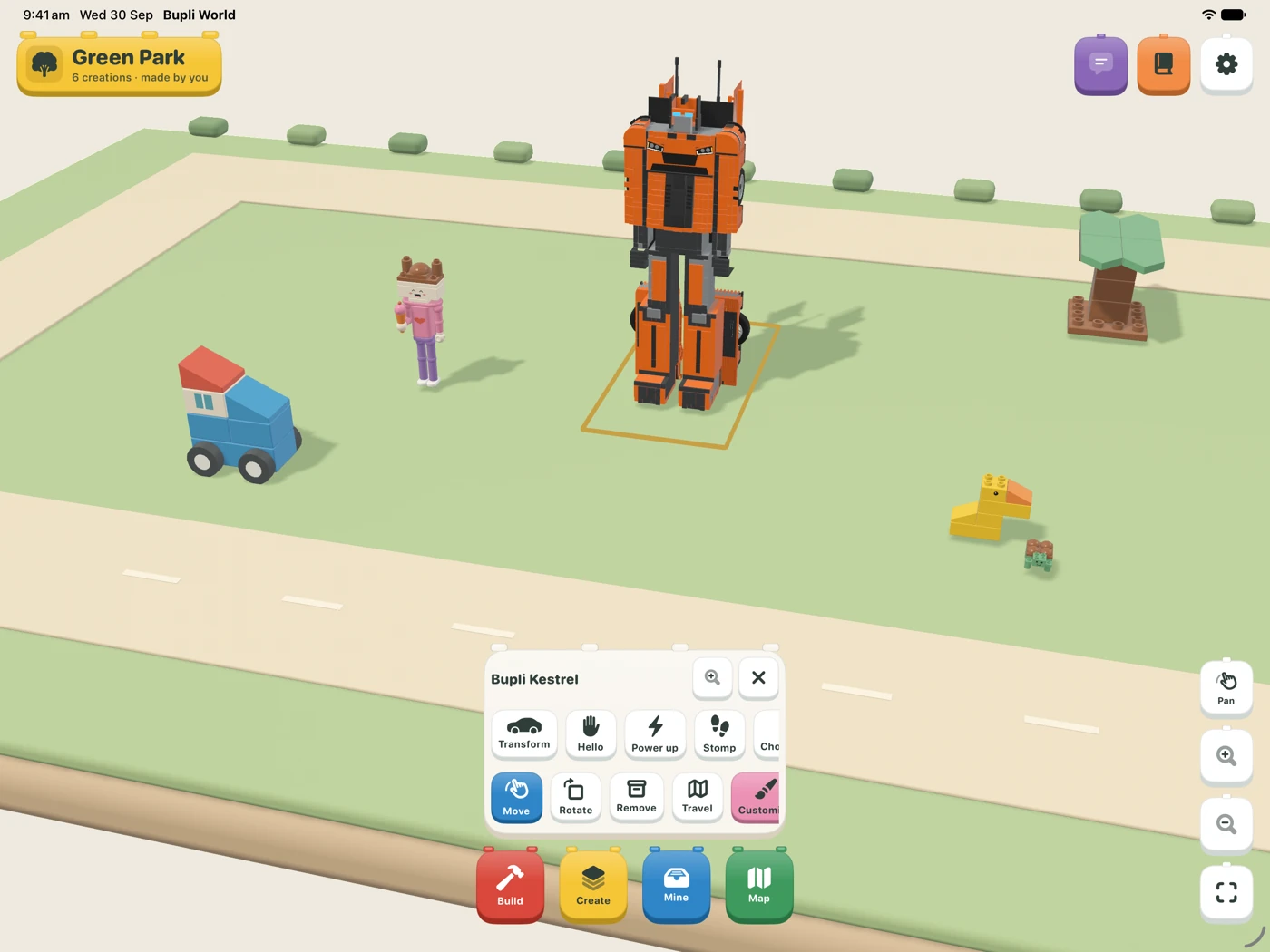 Bupli World on iPad: the detailed Kestrel robot in Green Park beside a little car, duck, and turtle, with its play controls open
